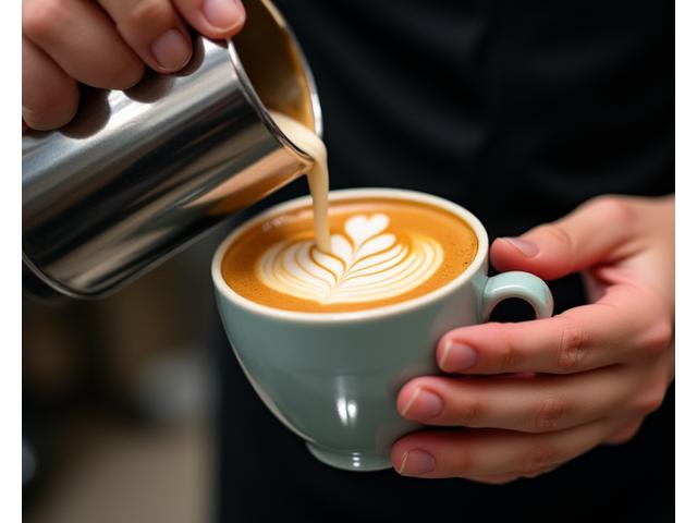 바리스타가 정교한 라떼 아트를 선보이는 모습