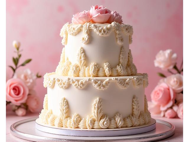 화려하게 장식된 2단 커스텀 웨딩 케이크