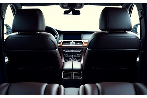 최고급 가죽 시트와 현대적인 인테리어를 갖춘 럭셔리 차량의 내부, 뒷좌석 시점